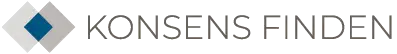 Drei ineinandergreifende Rauten auf der linken Seite , die mittlere ist blau, die beiden äußeren beige, rechts daneben steht der Schriftzug "KONSENS FINDEN" in Großbuchstaben auf der rechten Seite.