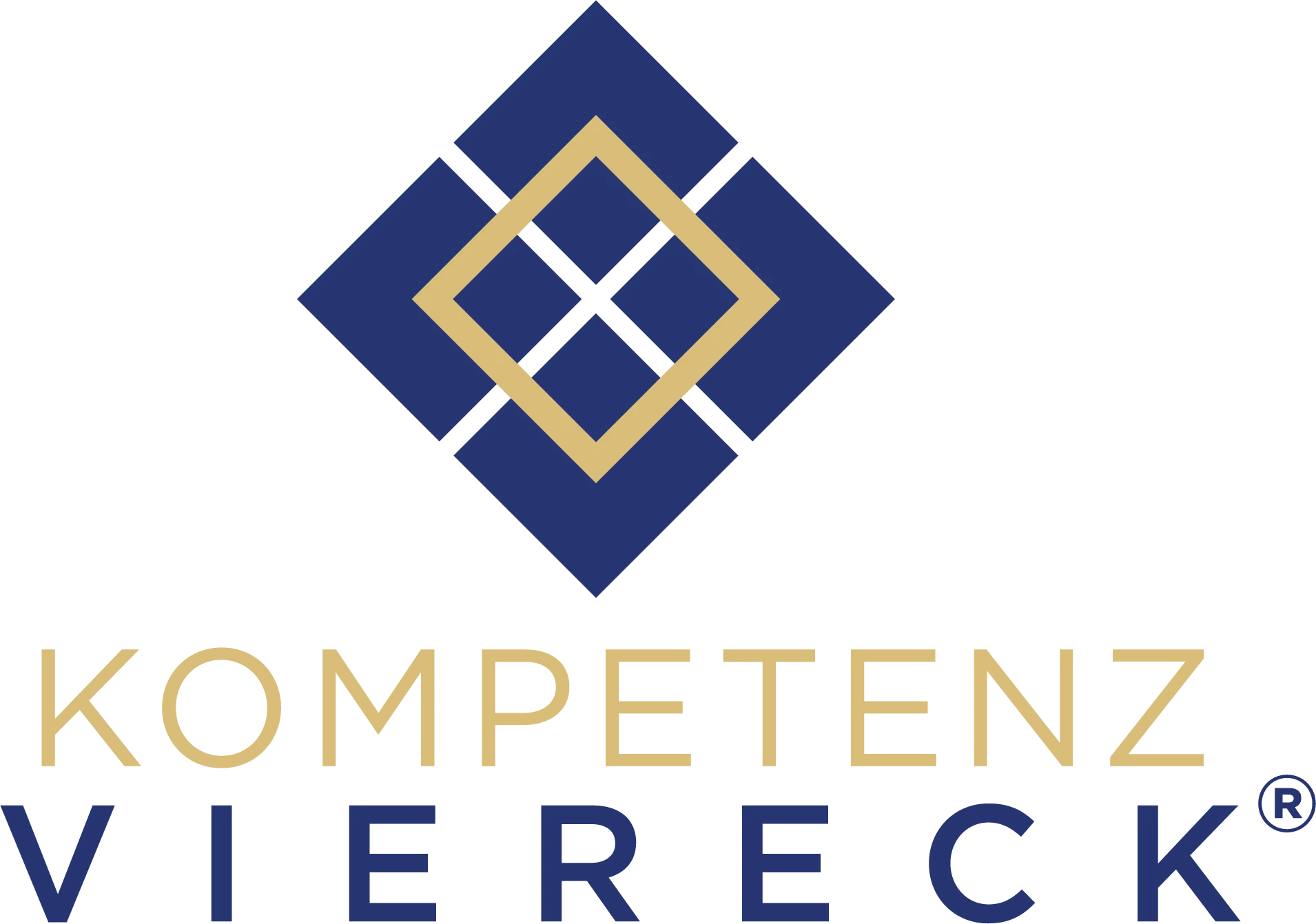 Das ist das Kompetenzviereck: Vier sich überlappende blaue Rauten bilden ein quadratisches Muster, in dessen Mitte sich eine goldene Raute befindet. Der Hintergrund ist weiß. Die vier rAuten symbolisieren die vier Kernkomptenzen, die es heute für nachhaltig wirksame Führung braucht: Coaching, Change Management, Konfliktkompetenz und Persönliche Wirksamkeit. Die goldene Raute symbolisiert die Verbindung aller Kompetenzen. Denn erst in der Verbindung wird Führung wirksam.